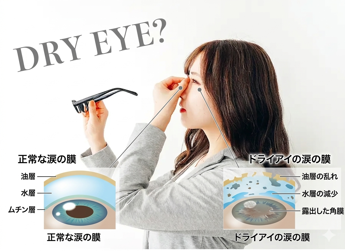 正常な涙の膜とドライアイの状態を比較したイラスト