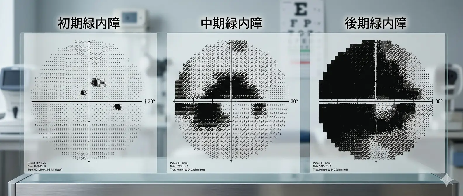 緑内障の初期・中期・末期の視野変化を示すイラスト